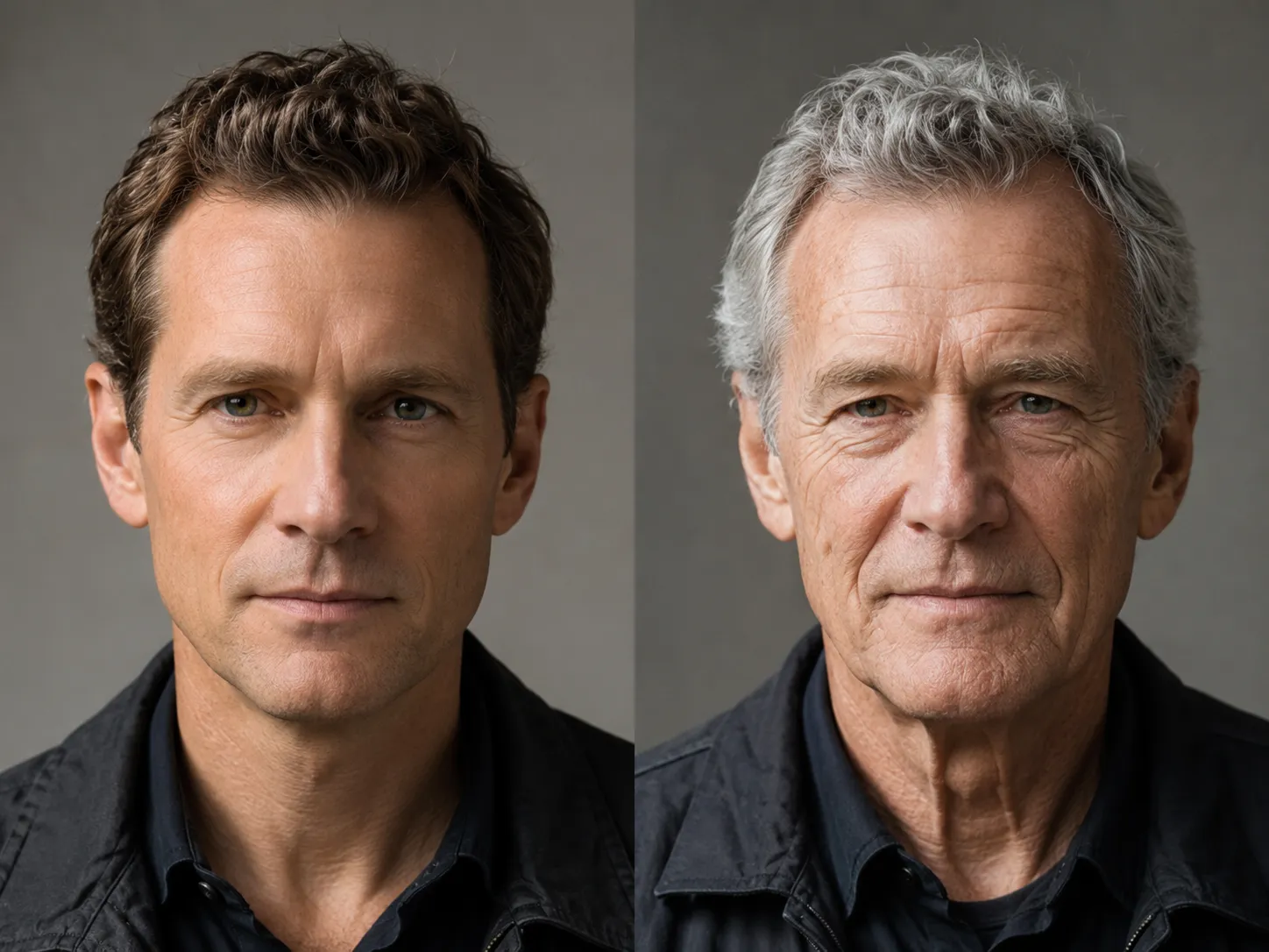 AI age progression result showing the same adult aged forward to elderly with realistic wrinkles and graying hair