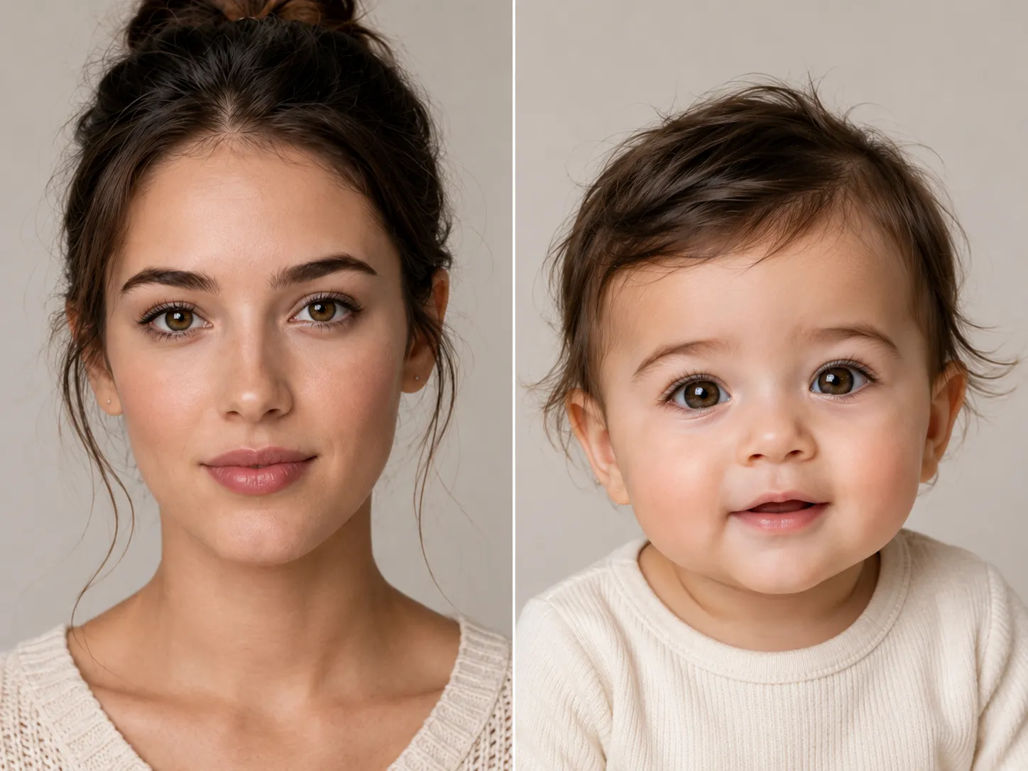 AI age progression baby result reconstructed from an adult portrait with realistic infant features