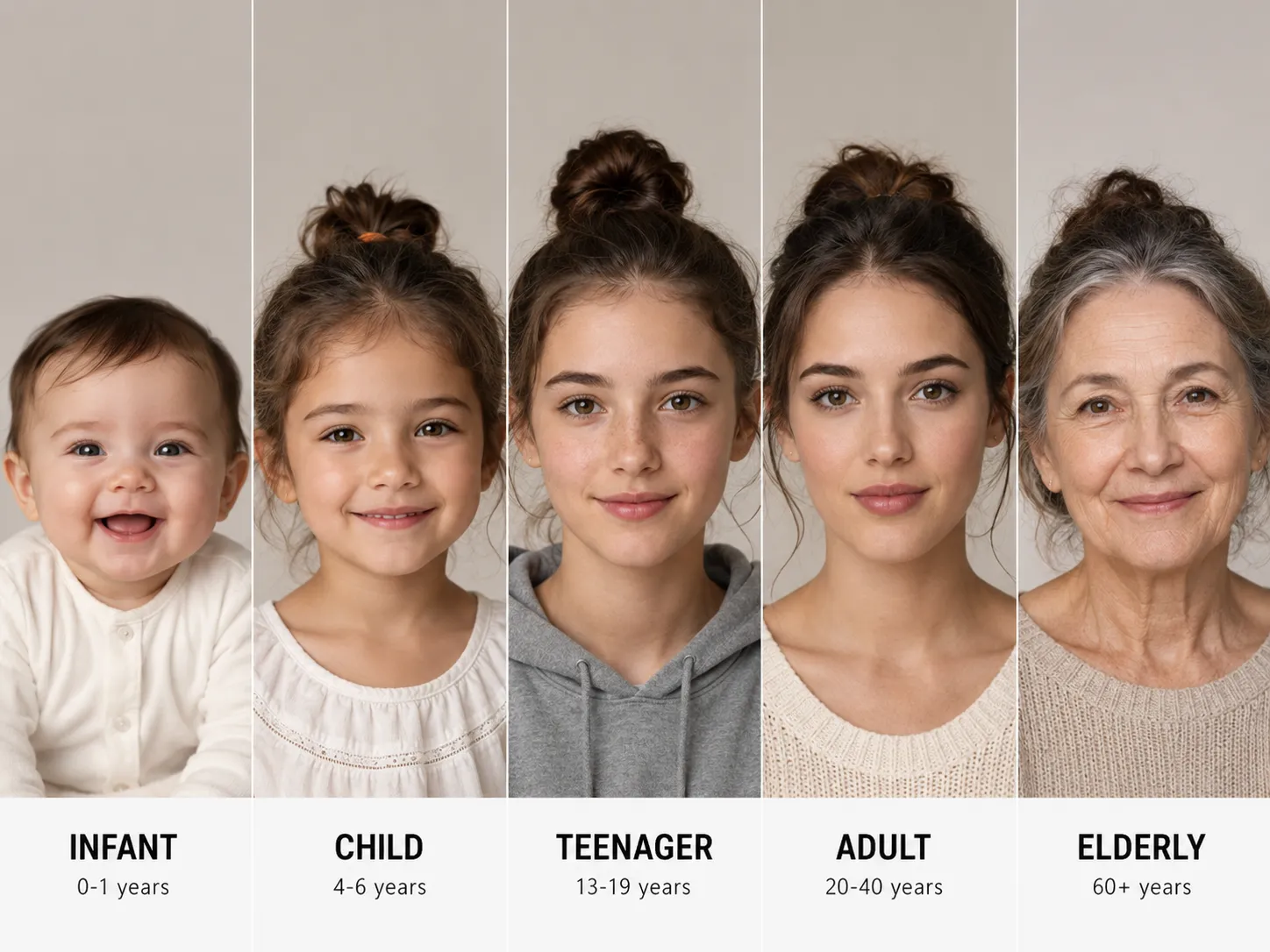 AI age progression timeline showing the same person from baby to elderly across five life stages