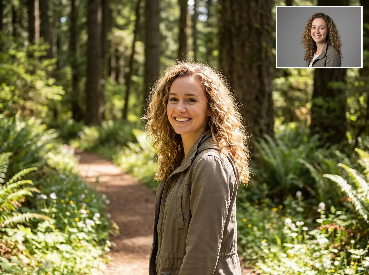 AI background generator portrait example — professional headshot with nature background