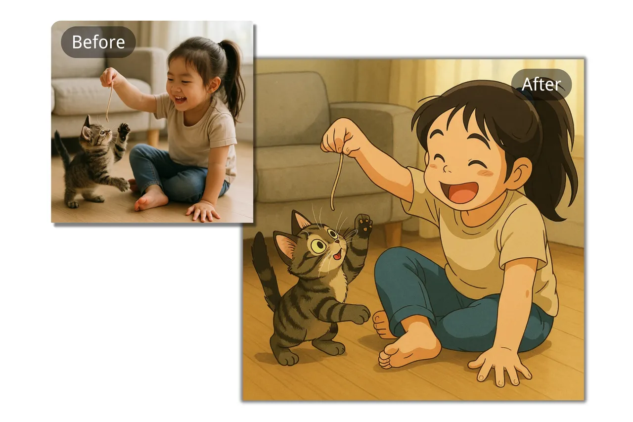 Photo transformed into classic cartoon drawing with bold outlines and vibrant colors by AI cartoon generator