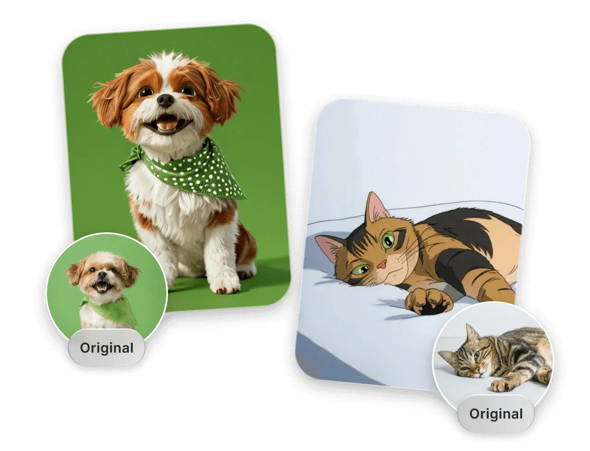 Pet photo transformed into cute cartoon portrait with expressive features by AI cartoon generator