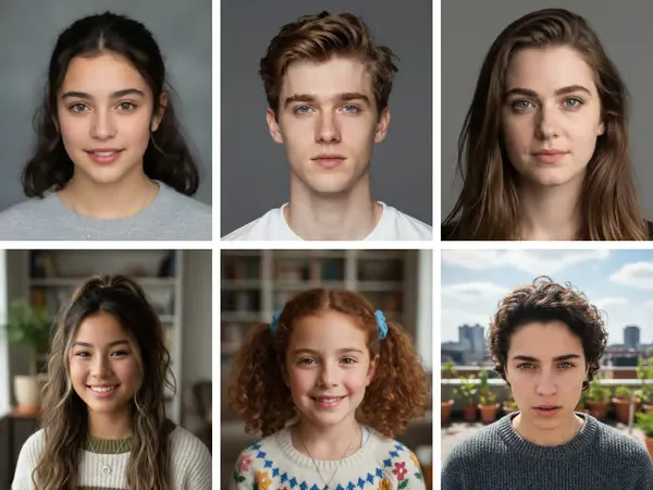 Diverse AI-generated character faces created by AI face generator on Createimg.ai