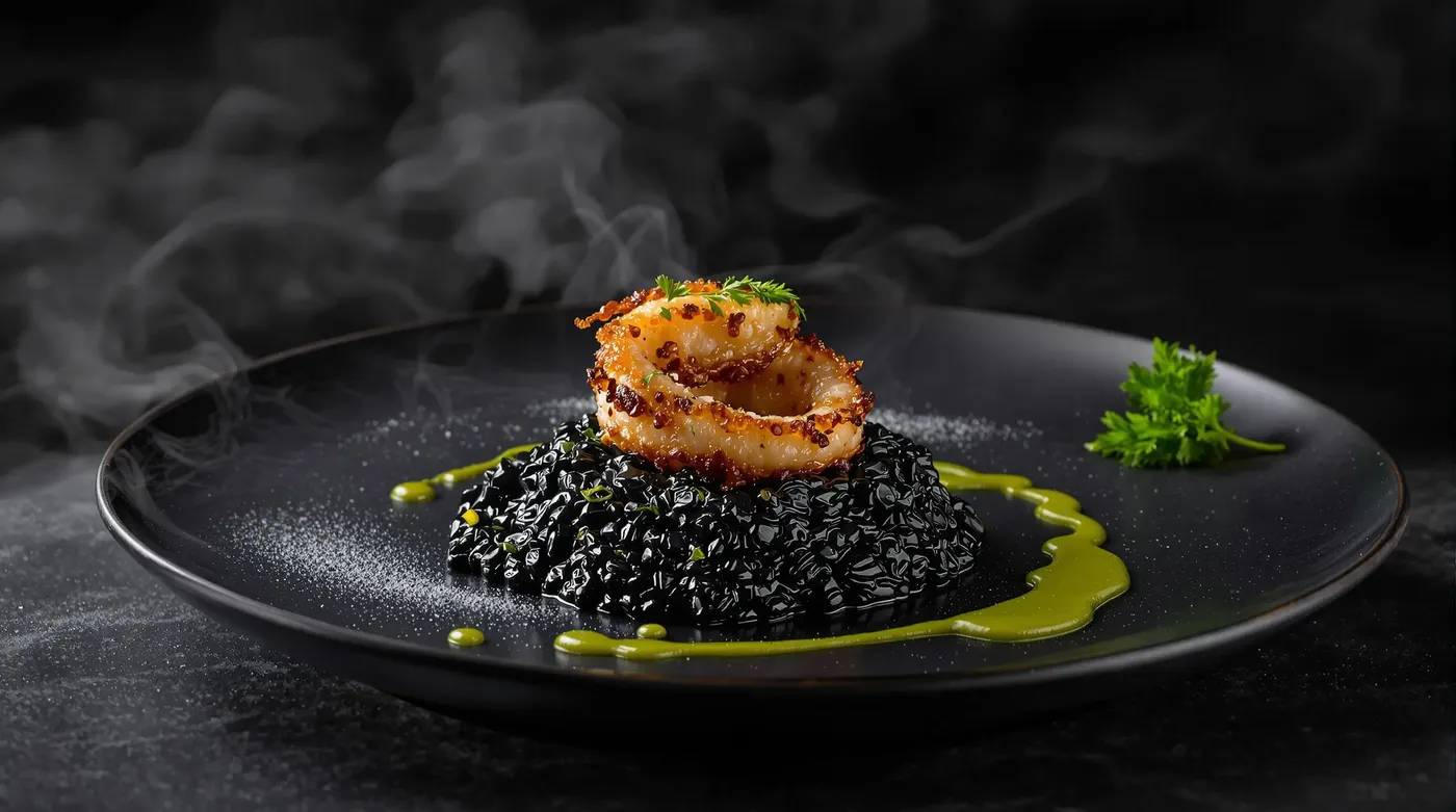 AI food generator image – restaurant hero shot of plated steak with truffle sauce and roasted vegetables