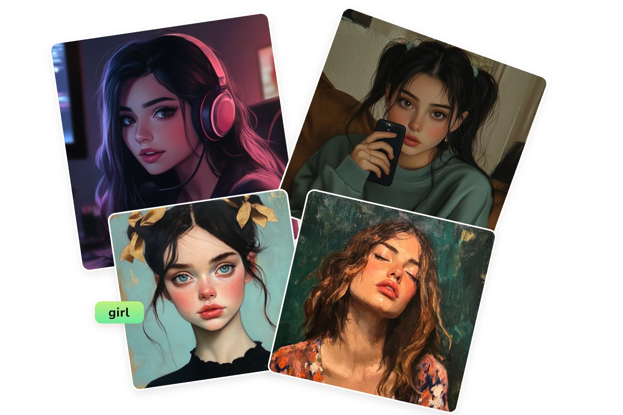 AI-generated girls in multiple art styles including anime, oil painting, and 3D on Createimg.ai
