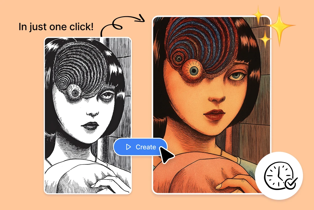 Black and white manga page colorized with AI image colorizer manga on Createimg.ai