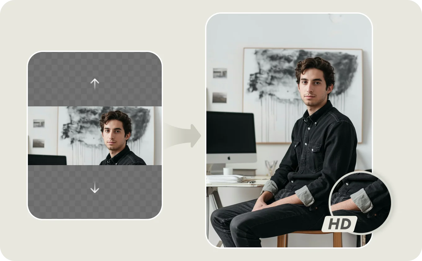 Portrait photo uncropped with AI image extender on Createimg.ai showing extended background