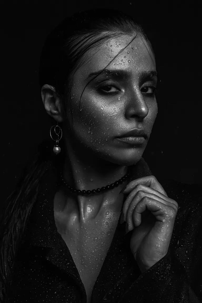 Portrait cinématographique en noir et blanc avec effet d’eau – Image IA
