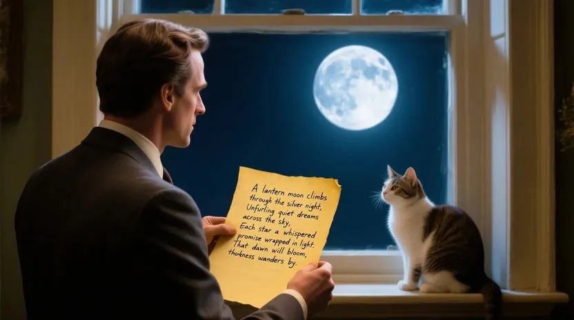 Moonlit Window with Poetic Verse & Cat