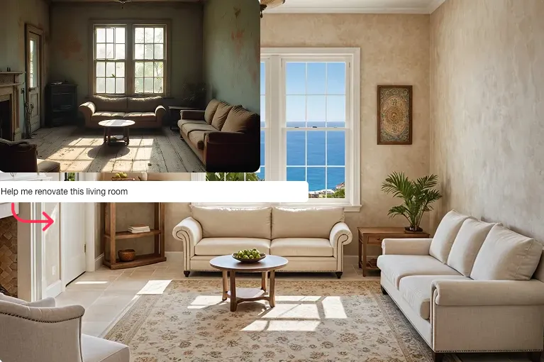 AI interior design generator from photo – room photo redesigned into modern Scandinavian living space