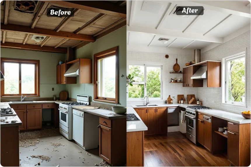 AI interior design generator online – luxury kitchen with marble island and brass fixtures