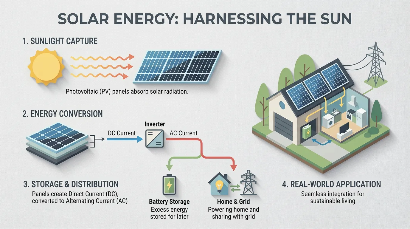 A clean flat-lay infographic explaining how solar energy works, arranged on a textured light-gray background