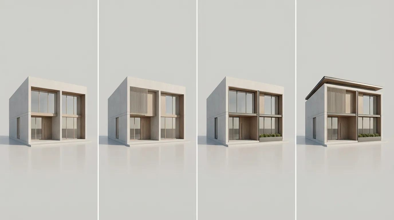 Four architectural concept images generated consistently from the same initial sketch