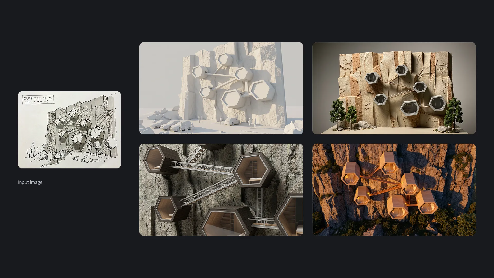 Vier architektonische Konzeptbilder, die konsistent aus derselben Ausgangsskizze generiert wurden