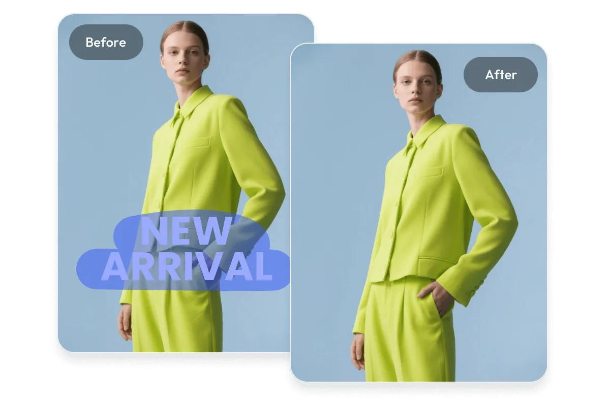 AI object remover cleaning text and logo overlays from a product photo