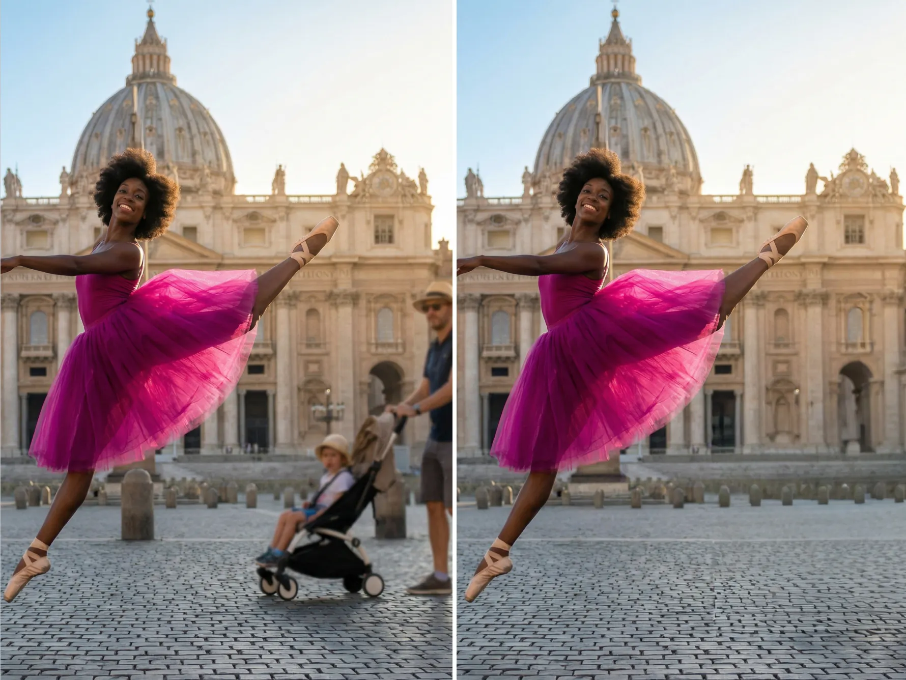 Specific person selectively removed from group photo by AI people remover on Createimg.ai