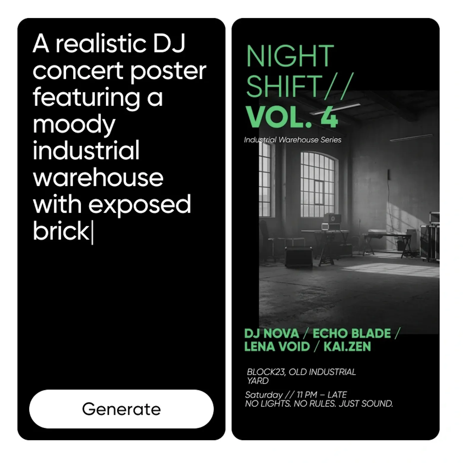 KI-Poster-Generator erstellt ein professionelles Event-Poster mit kräftiger Typografie und lebendigen Farben