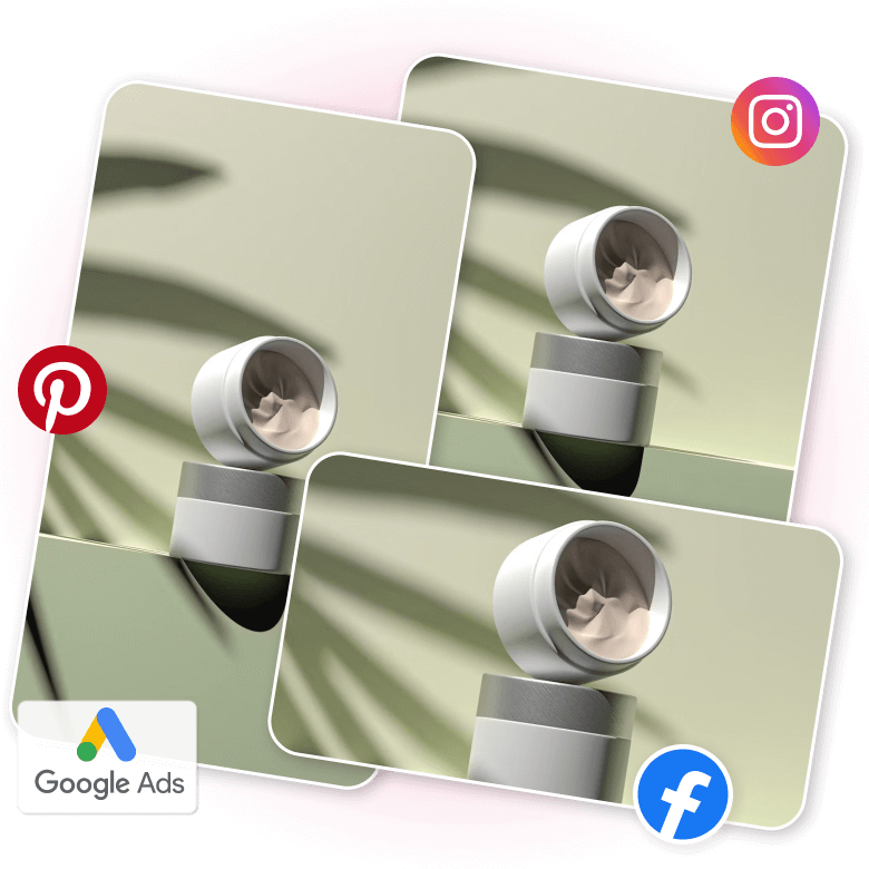 AI-generated product photos displayed in social media ad formats across multiple platforms