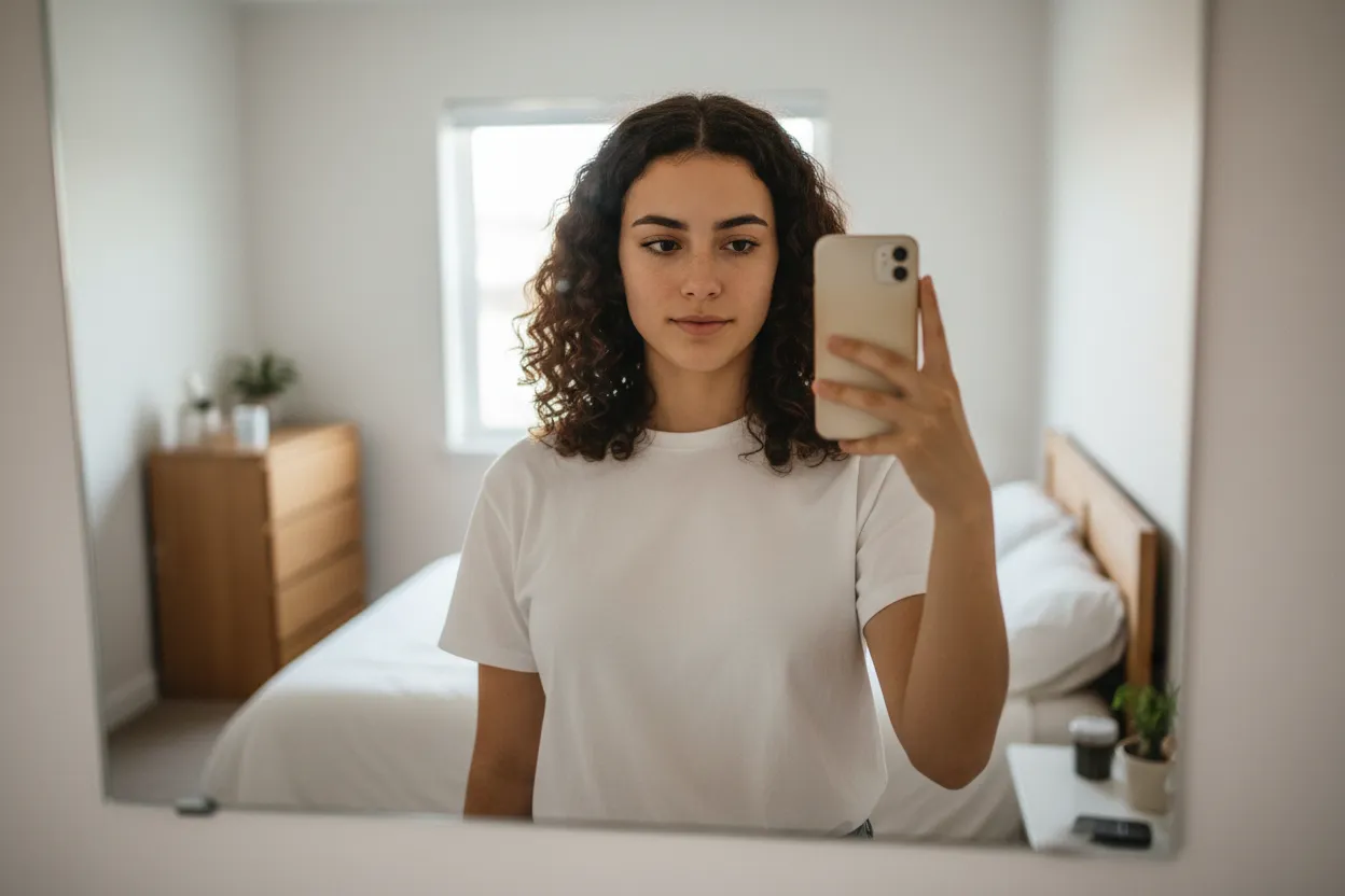 Casual lifestyle selfie with bright natural lighting and cheerful expression by AI selfie generator