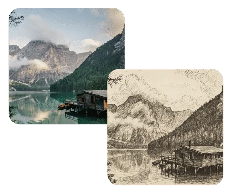 AI sketch generator transforming a landscape photo into a charcoal sketch artwork