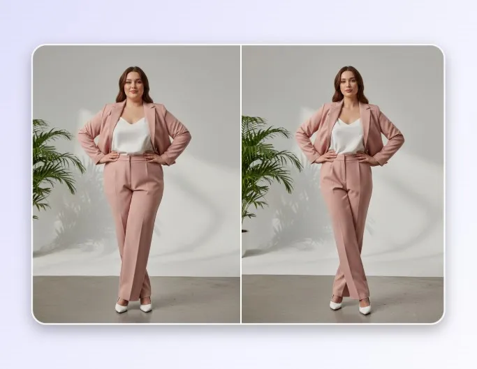 Filtro skinny IA antes y después – retrato de cuerpo entero con adelgazamiento corporal sutil y natural