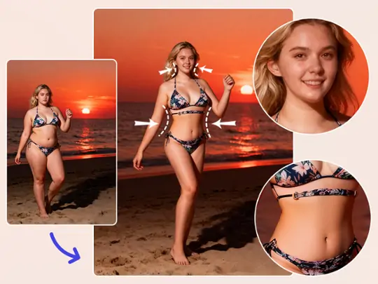 Filtro skinny IA foto de playa – retrato de vacaciones con adelgazamiento corporal natural y favorecedor