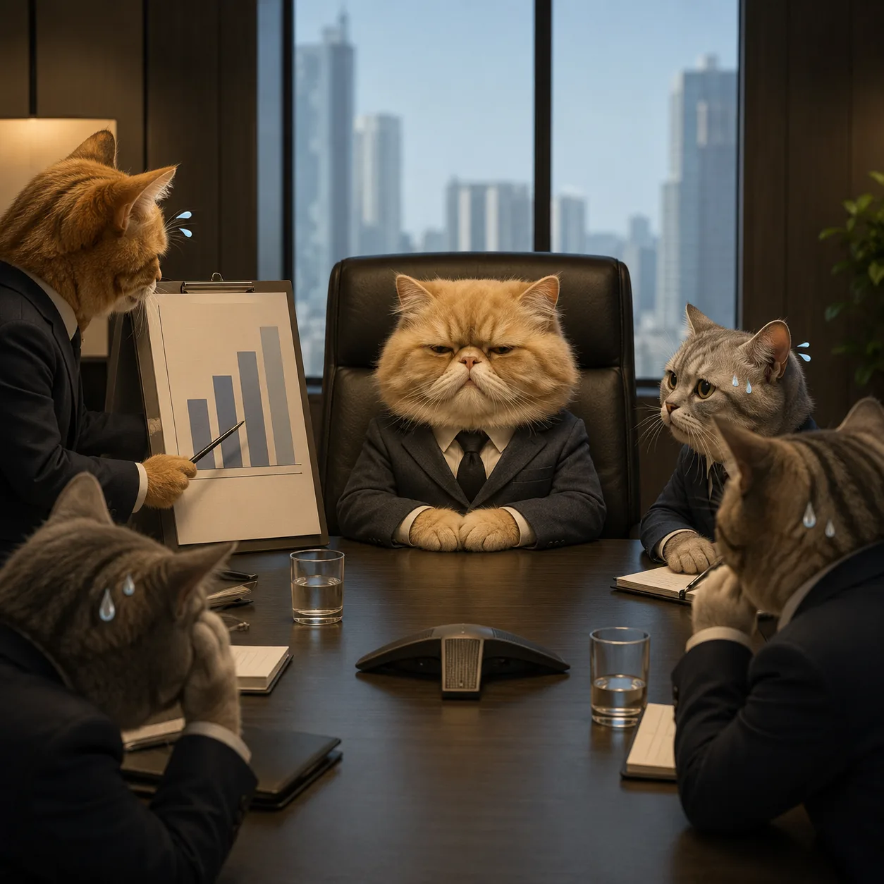 Um gato preside a reunião de segunda-feira