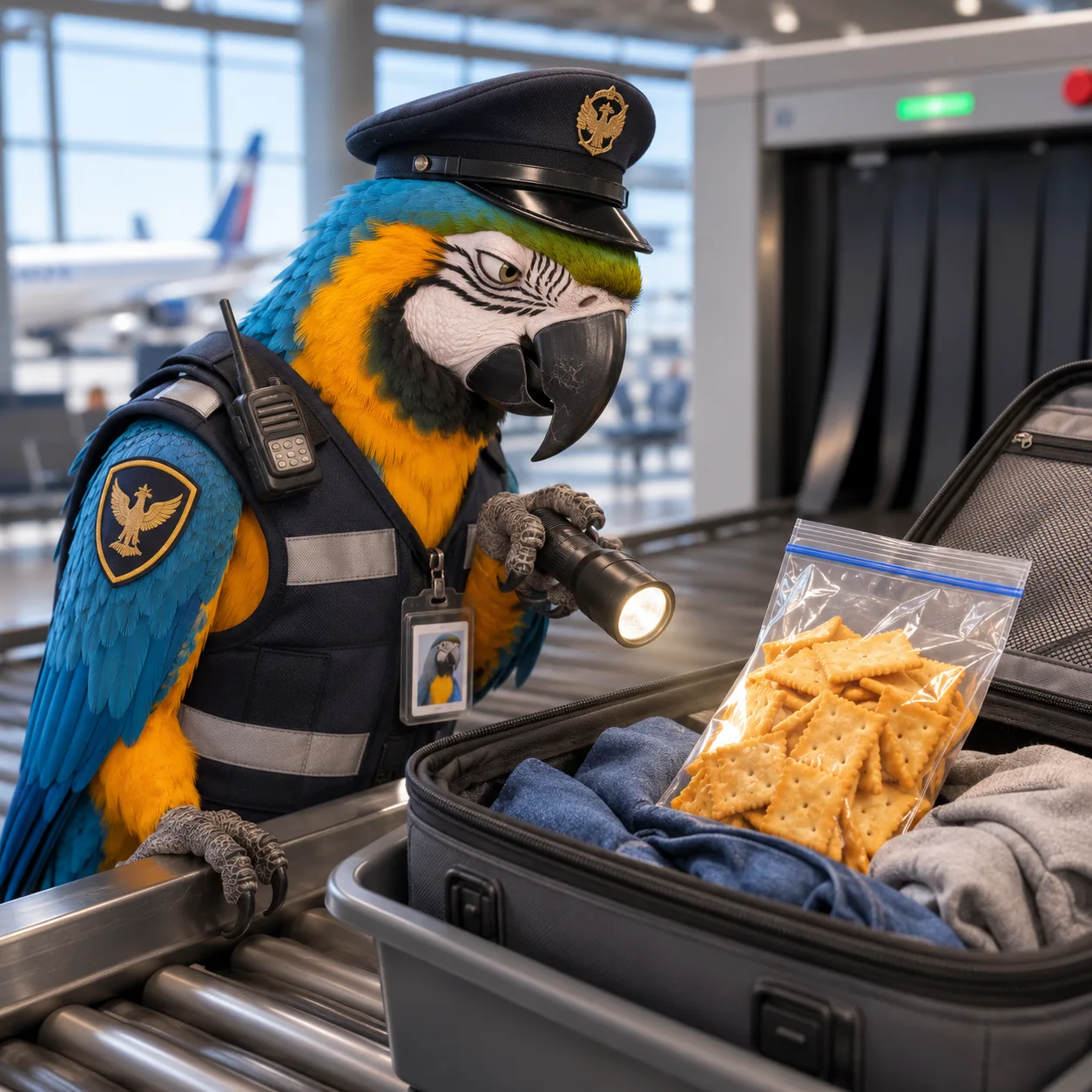 Um papagaio na segurança do aeroporto