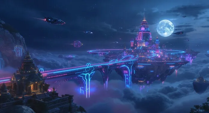 Futuristic Floating City with Neon Bridges
