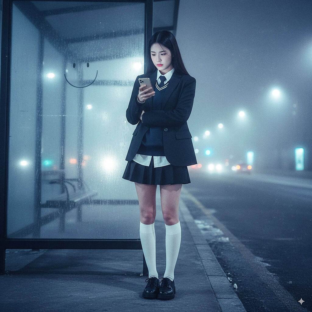 Hyper-Realistic Night Portrait of Korean Woman at Foggy Bus Stop