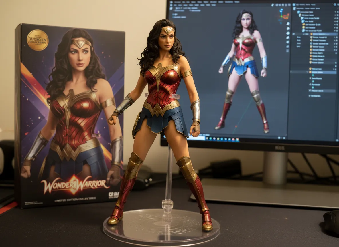 Figurine d’action IA de Wonder Woman avec sculpture détaillée, couleurs vibrantes et mise en scène professionnelle incluant boîte d’emballage et écran de modélisation