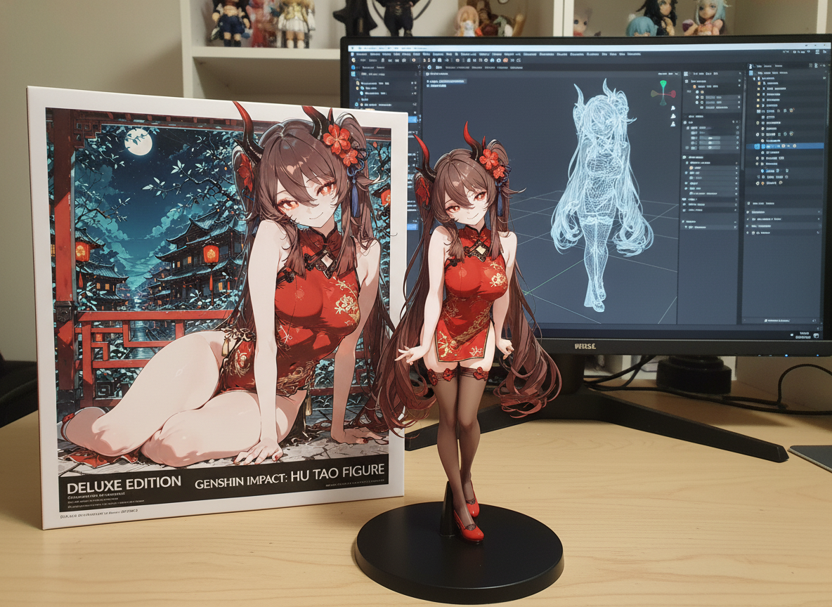 Hu Tao Genshin Impact AI action figure in red Chinese dress sitting on bench, anime style collectible with detailed sculpting, display box and 3D modeling screen in background