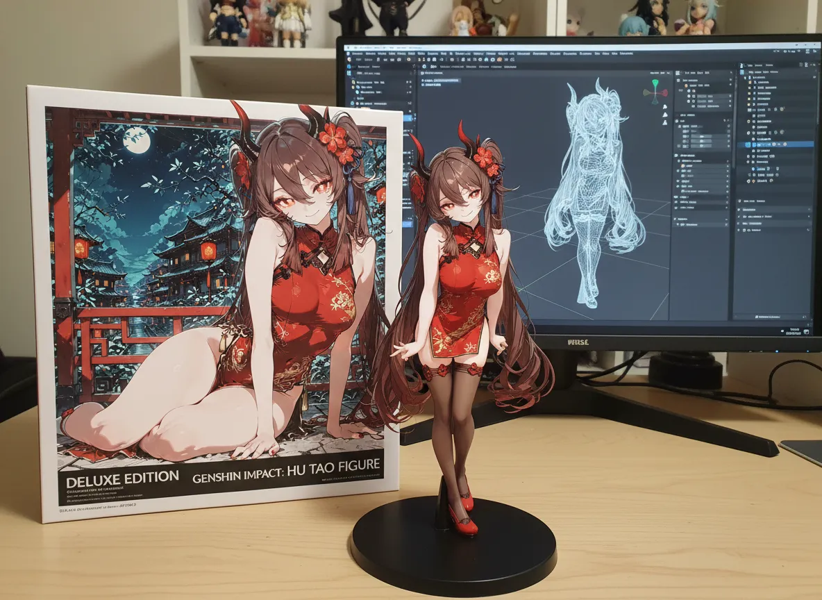 Figurine d’action IA de Hu Tao (Genshin Impact) en robe rouge chinoise assise sur un banc, figurine de style anime avec sculpture détaillée, boîte d’exposition et écran de modélisation 3D en arrière-plan