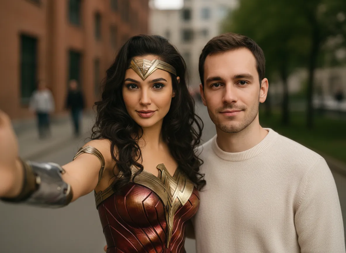 AI Selfie with Celebrities Generator creating photoreal handheld selfies with famous people in true front-camera POV