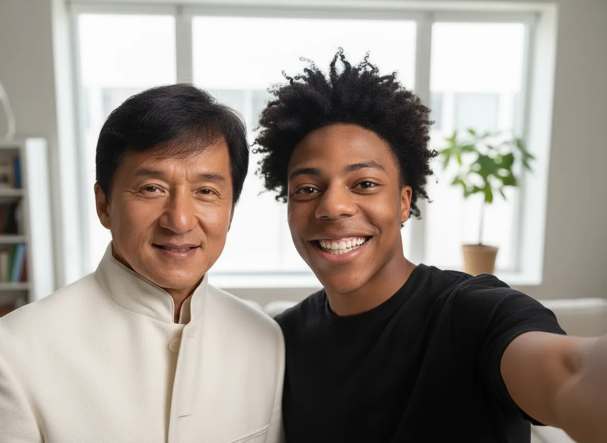 Photoreal handheld selfie generated by AI—user with celebrities, true front-camera POV, natural lighting, unified color tone.