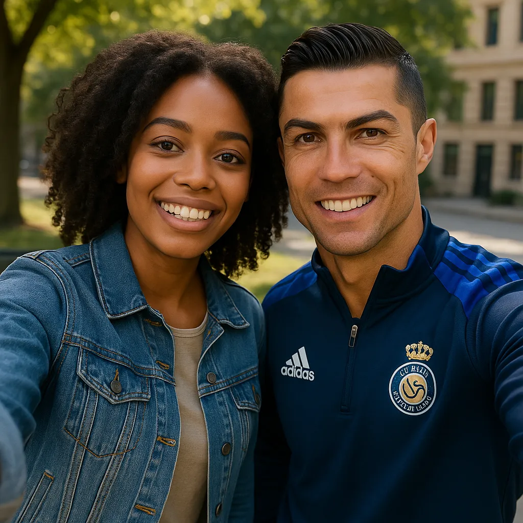 AI celebrity selfie example: woman with soccer superstars in a photoreal handheld group selfie, true front-camera POV and unified lighting