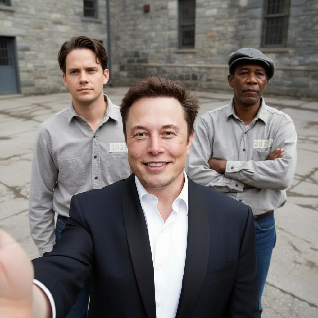 AI celebrity group selfie example: Elon Musk with Tim Robbins and Morgan Freeman in a photoreal handheld selfie, front-camera look and cohesive lighting