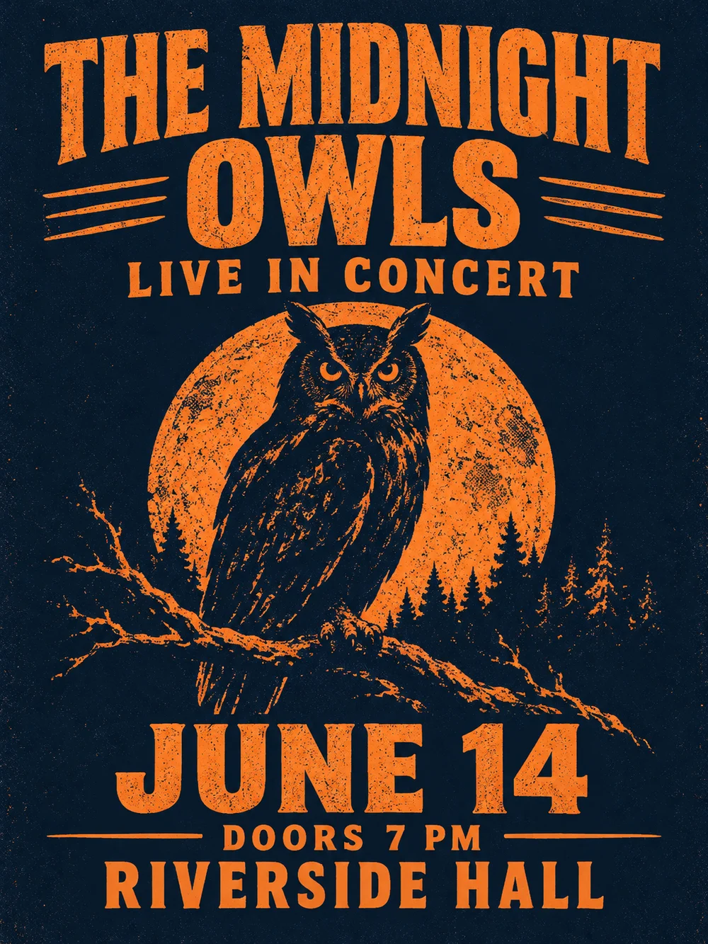 Concert poster for The Midnight Owls showing the date JUNE 14