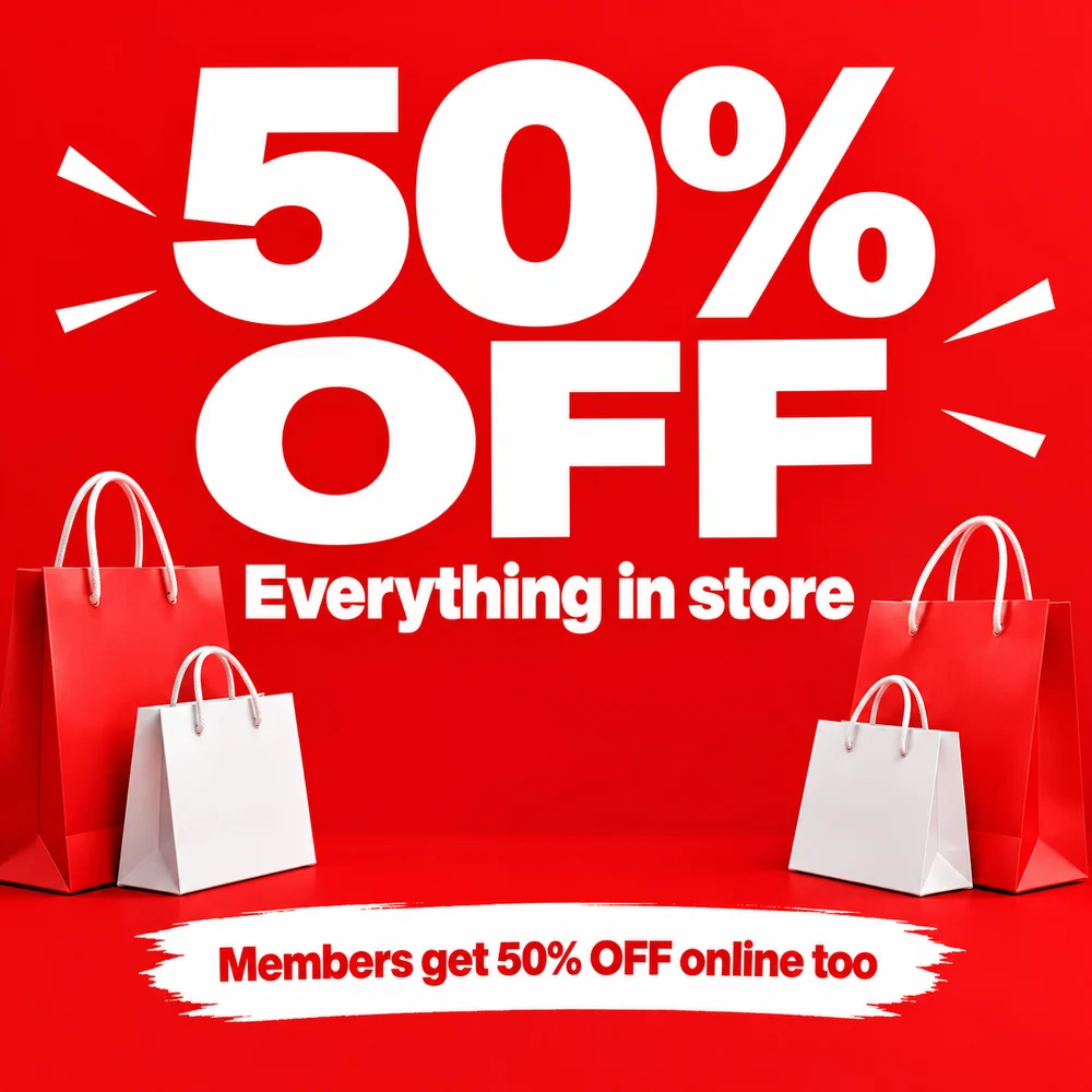 Before: red sale social media graphic showing 50%