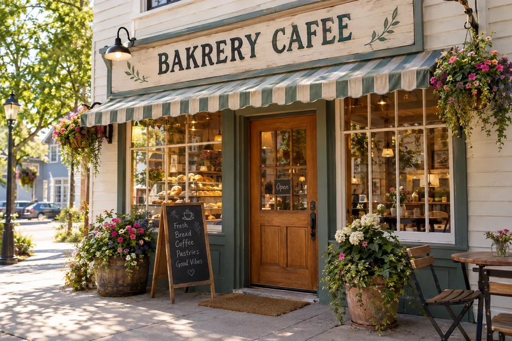 Before: photo of a bakery storefront showing BAKRERY CAFEE