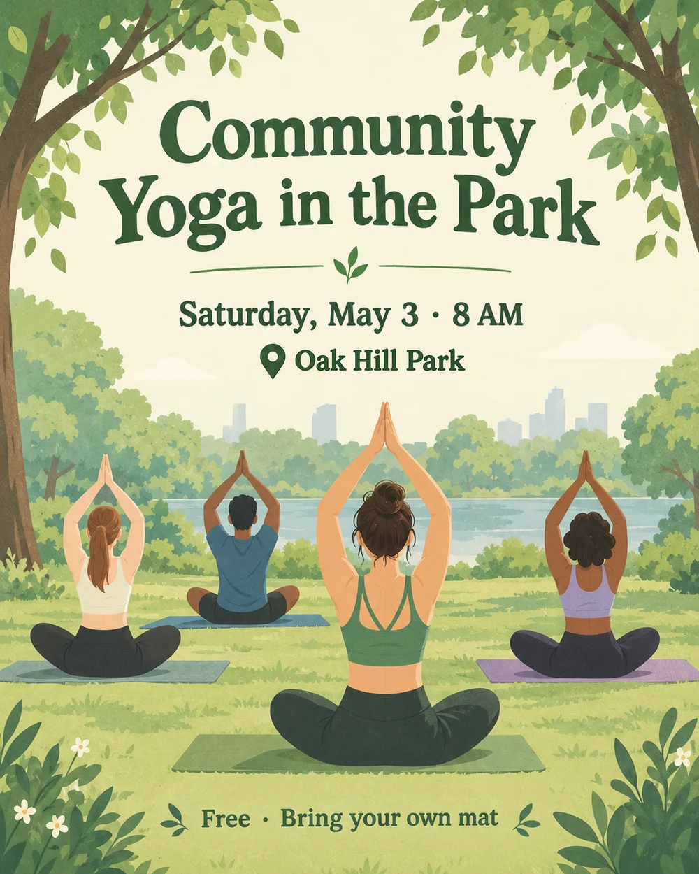 After: the same community yoga flyer showing Oak Hill Park
