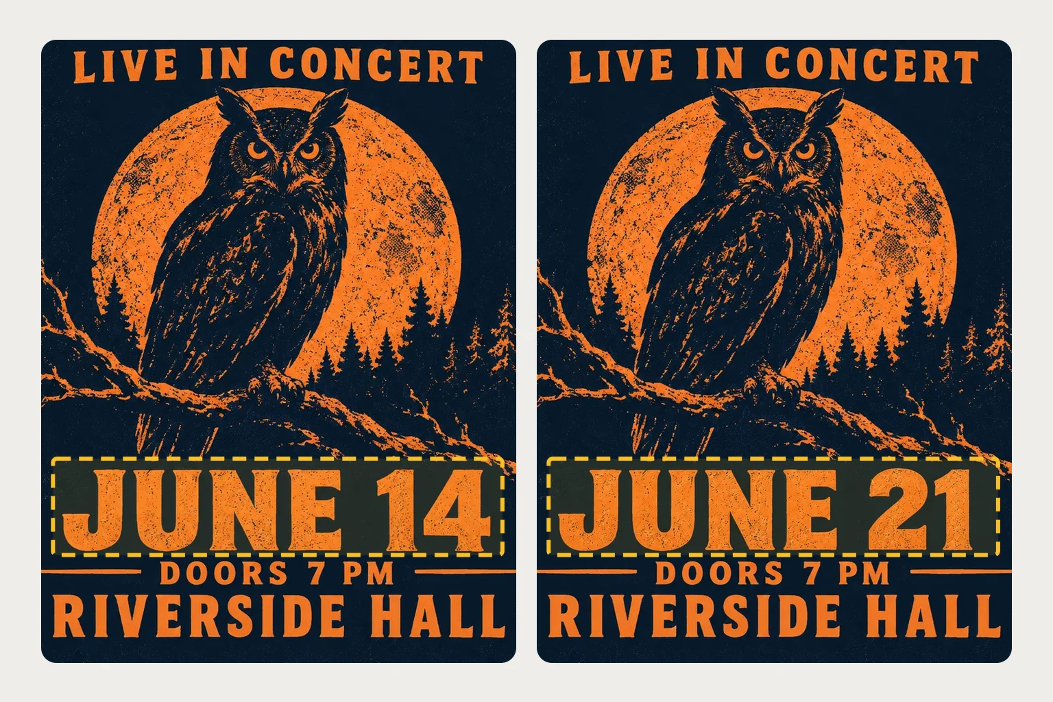 Image text editor changing the date on a concert poster from June 14 to June 21