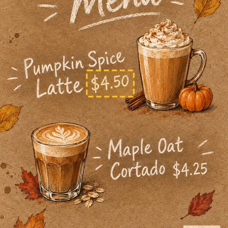 A box around one price on a menu