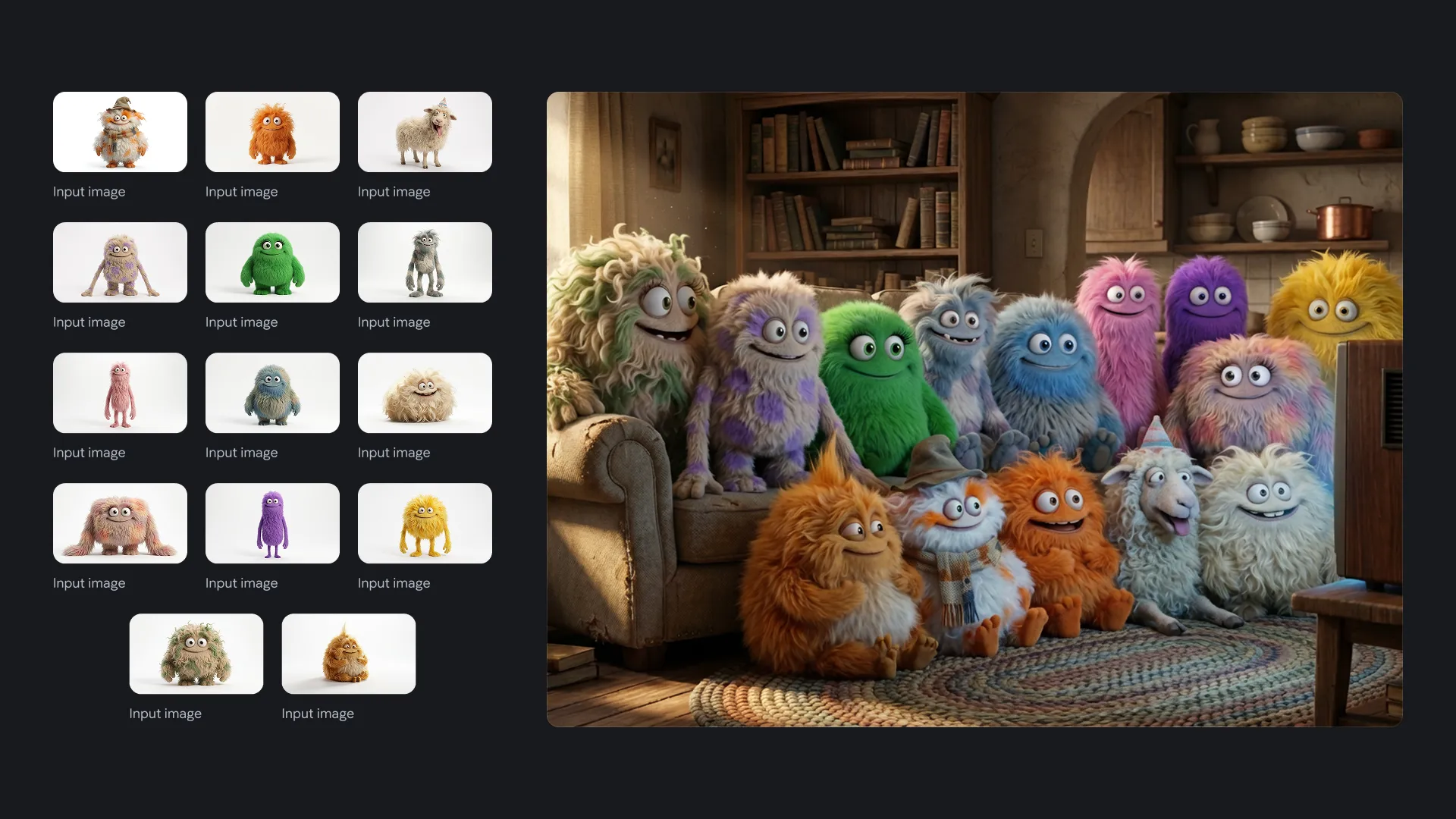 AI Image-to-Image blending multiple reference characters into a single coherent scene while maintaining consistent identity