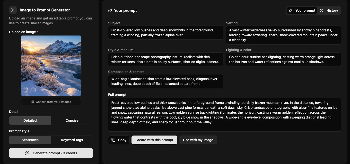 Image to prompt generator turning a photo into editable subject, setting, style, lighting and composition fields
