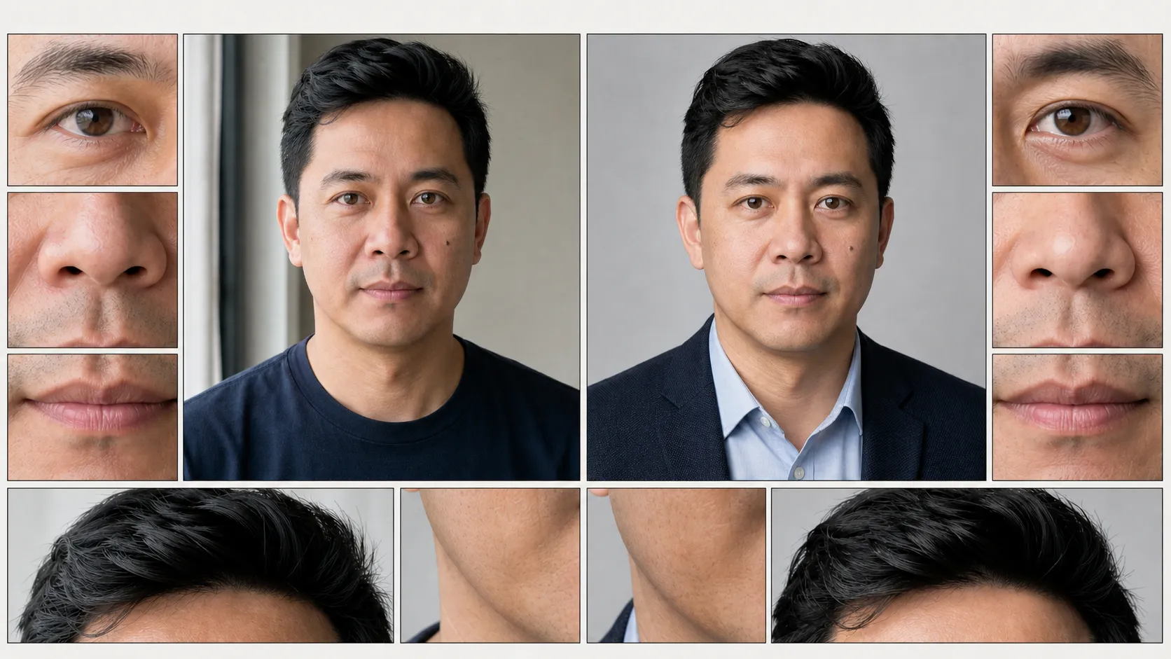 Side-by-side identity audit of a source portrait and generated AI headshot