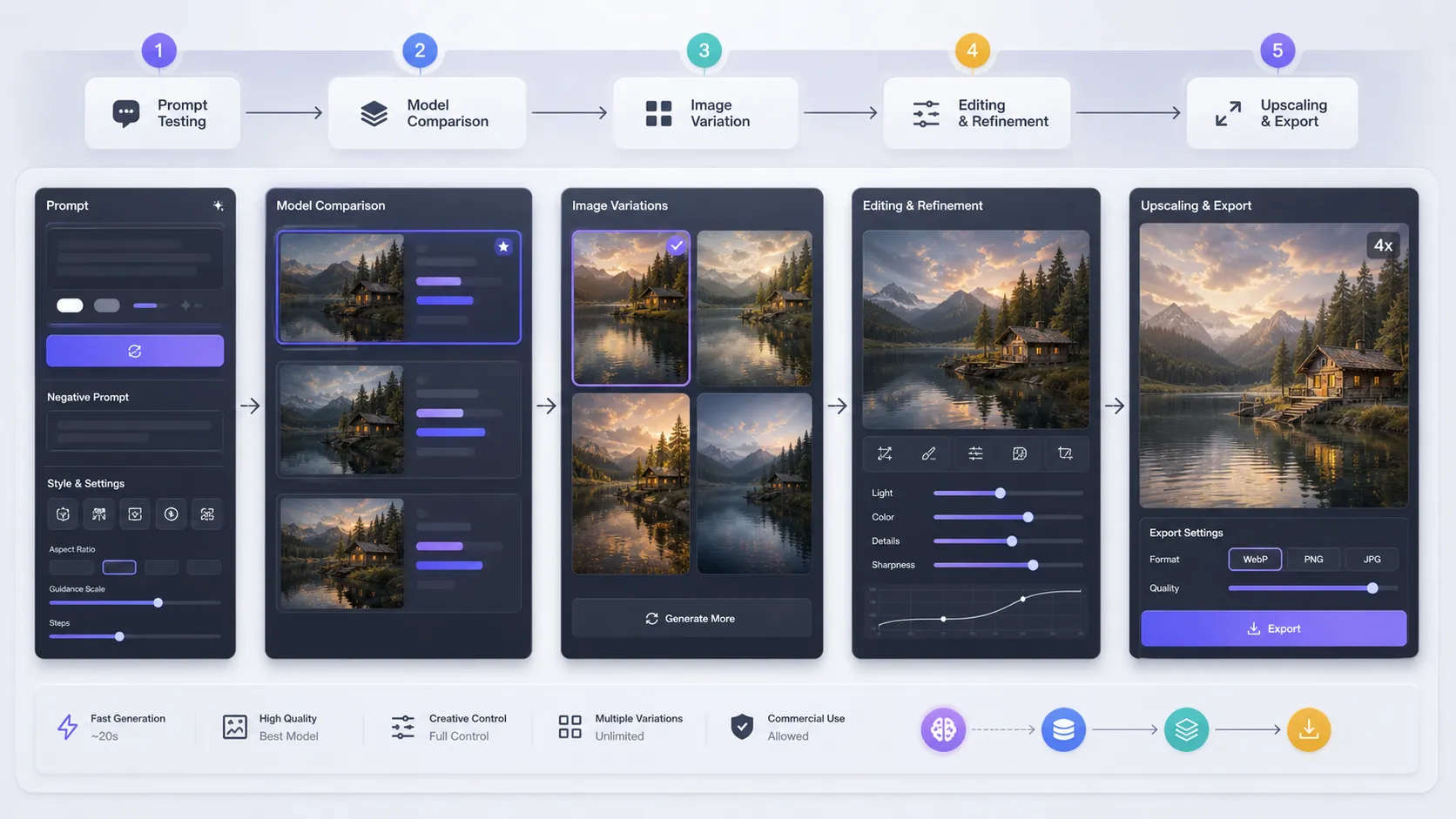 Efficient AI image generation workflow from prompt testing to final upscale
