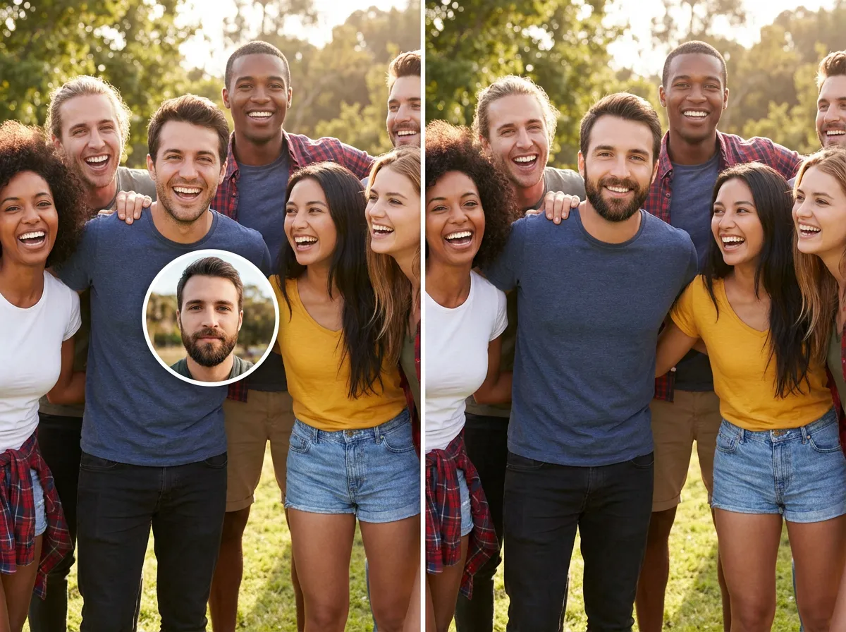 AI photo face swap example: group photo fun
