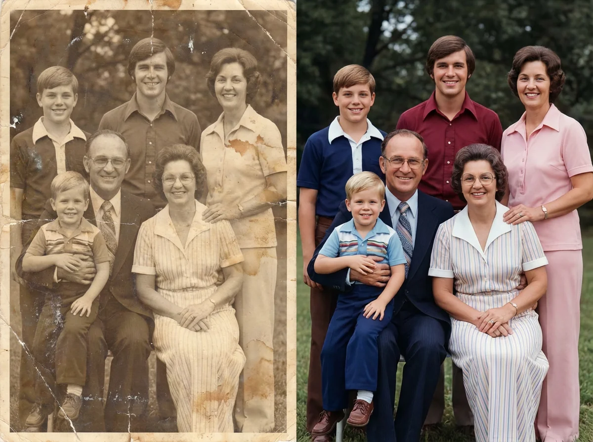 AI photo restoration example showing a repaired family portrait with improved clarity