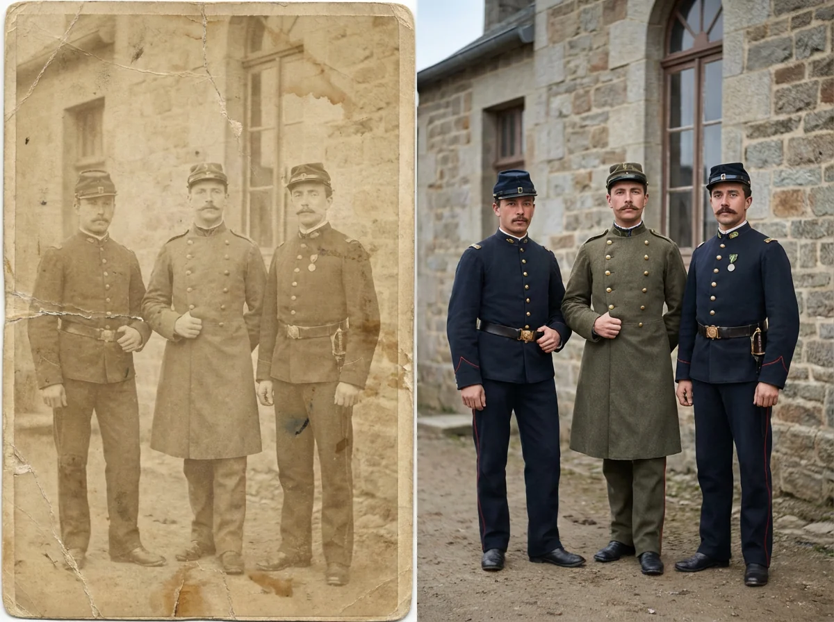 AI photo restoration example for historical images with improved contrast and detail
